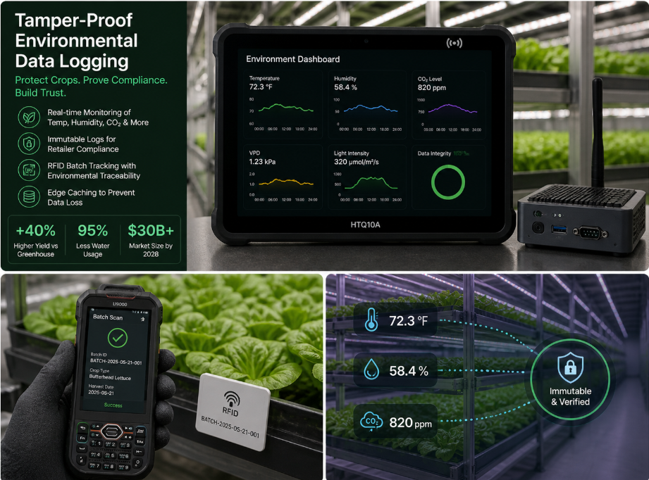 A crop scientist in a cleanroom gown holds the HTQ10A inside a vertical farm. The screen shows a live graph: temperature, humidity, CO2, PPFD. Purple LED light falls on leafy greens. The tablet‘s case is clean, the environment sterile. The data is the difference between a profitable harvest and a moldy loss. Vertical Farms Are 40% More Efficient – Your Environmental Logs Must Be Digital and Tamper‑Proof(图1)