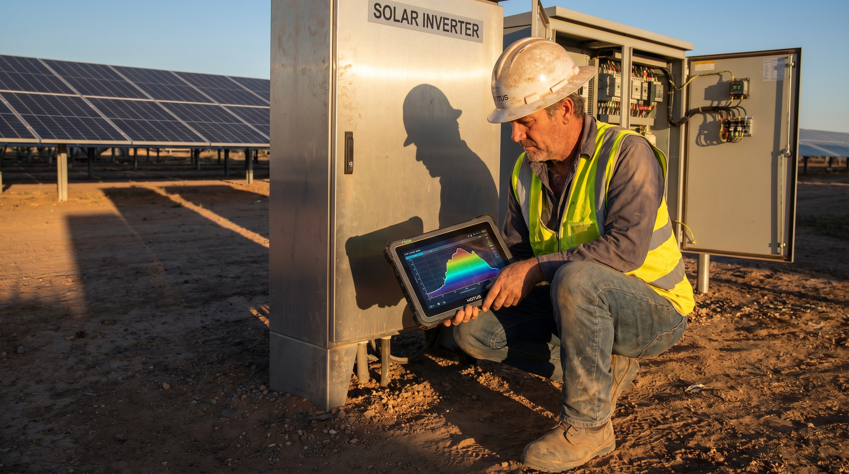 A solar farm technician validates real-time inverter telemetry on a HOTUS rugged tablet before a critical VPP dispatch cycle. Virtual Power Plants Need Real‑Time Data Or They’re Just Pretty Dashboards(图1)