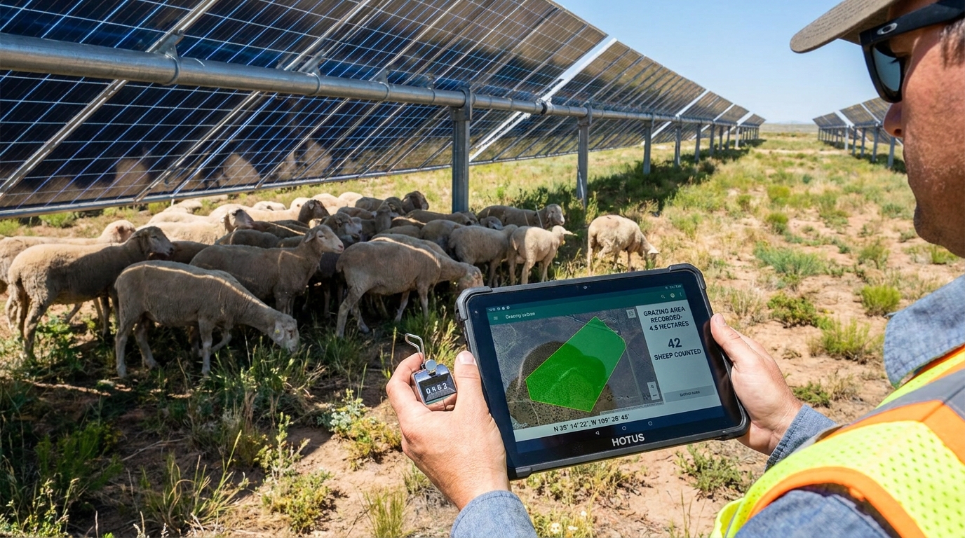Verification in the Field: An agronomist utilizes the HOTUS ST11-U to document grazing compliance and vegetation health beneath a bifacial solar array. Agrivoltaics Farms Double – Your Dual‑Use Land Compliance Needs a Solar‑Friendly Windows Tablet(图1)