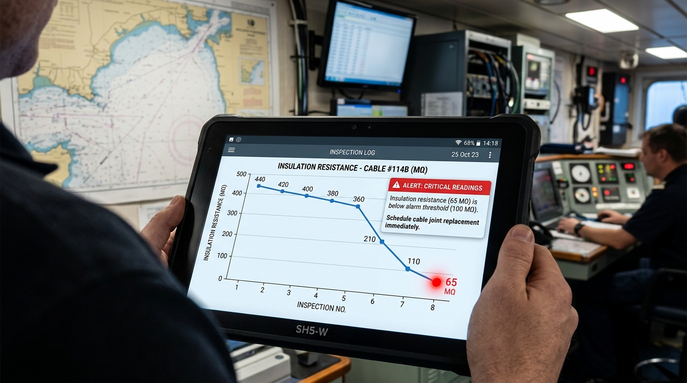 The SH5-W identifies a critical drop in resistance Floating Wind Dynamic Cable Inter‑Array Failures Are Expensive – Your Joint Log Needs A Marine‑Grade Windows Tablet(图2)