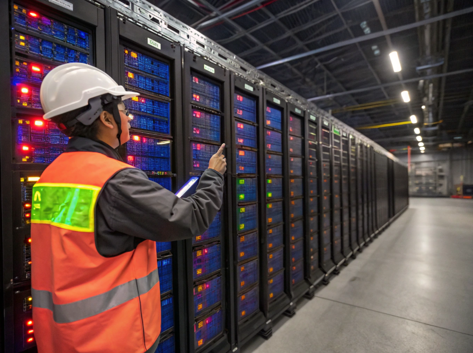 A technician scans a battery module with a HOTUS tablet equipped with an IR camera, looking for thermal anomalies Battery Storage Module Thermal Runaway Precursors Are Subtle – Your IR Camera Log Needs A Rugged Windows Tablet(图1)