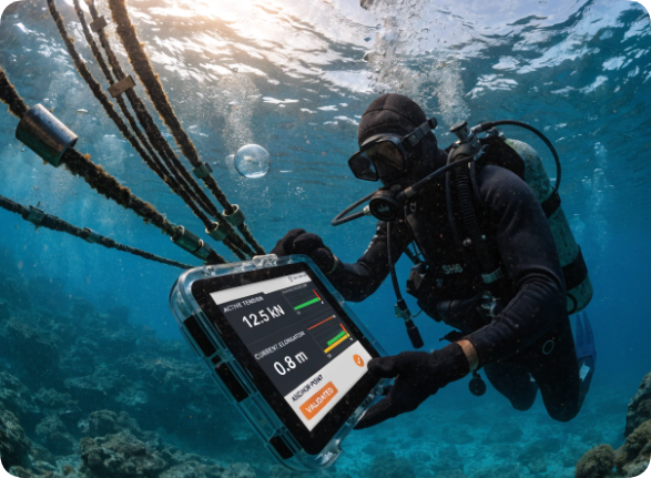 HOTUS SH6 marine-certified handheld computer during a deep-water solar array structural audi Floating Solar Point Absorbers Are Drifting Out of Spec – Your Mooring Fatigue Log Needs a Marine‑Grade Windows Tablet(图1)