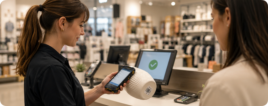 A cashier and a customer complete a contactless NFC transaction using the T80 Handheld PDA. The screen shows a payment success icon, with a blurred retail background and a shopping bag on the counter. From Checkout Chaos to Inventory Control: How the T80 Handheld PDA Transforms Retail Operations(图3)