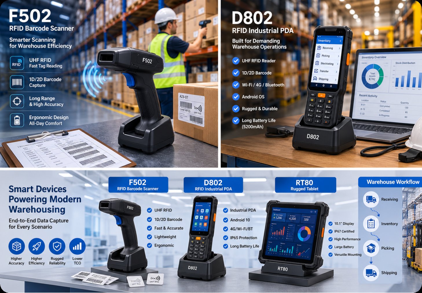 📈 Warehouse Logistics Technology Evolution: RFID Barcode Scanner F502, RFID Industrial PDA D802, and RT80 Rugged Tablet(图1)