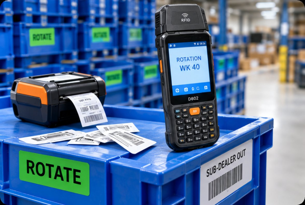 D802 RFID industrial PDA on rotation crate in channel inventory D802 RFID industrial PDA on rotation crate in channel inventory