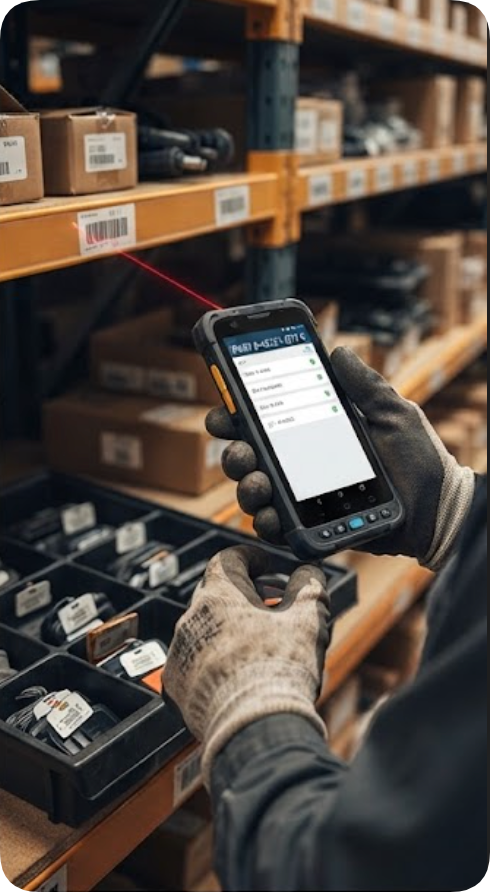 F505 handheld PDA scanning barcode labels at a bus depot parts shelf F505 handheld PDA scanning barcode labels at a bus depot parts shelf
