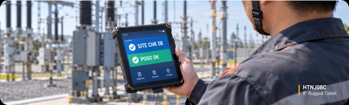 HTNJ08C 8-inch rugged tablet held in one hand at a substation site HTNJ08C 8-inch rugged tablet held in one hand at a substation site