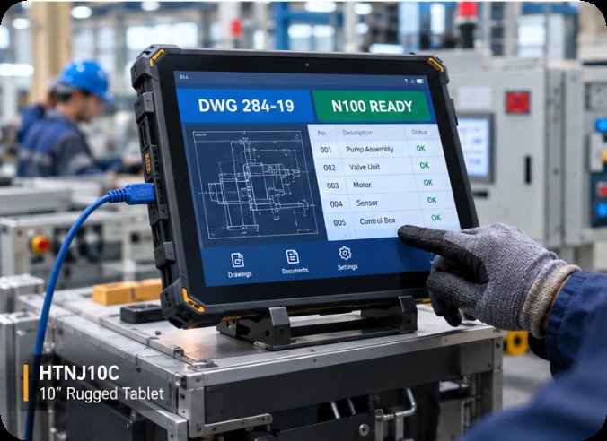 HTNJ10C 10-inch rugged tablet showing engineering drawings with RJ45 connected HTNJ10C 10-inch rugged tablet showing engineering drawings with RJ45 connected