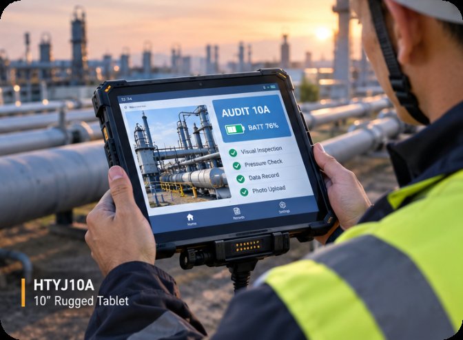 HTYJ10A rugged tablet running an audit checklist at an outdoor pipeline site HTYJ10A rugged tablet running an audit checklist at an outdoor pipeline site