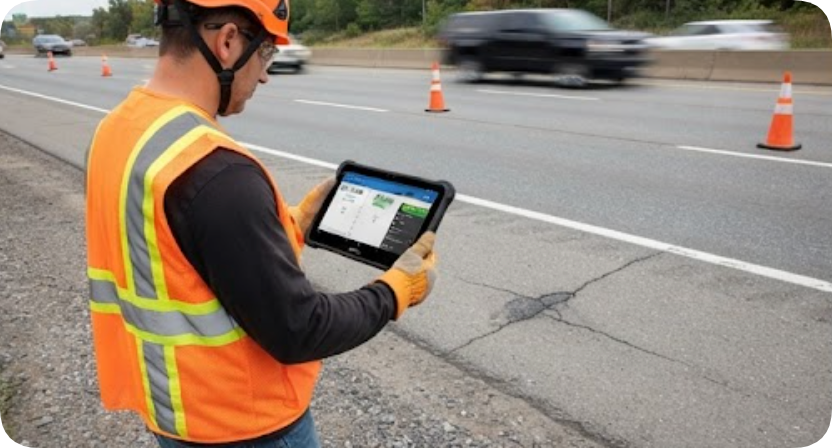 RT81 rugged tablet logging road defects along a highway shoulder RT81 rugged tablet logging road defects along a highway shoulder