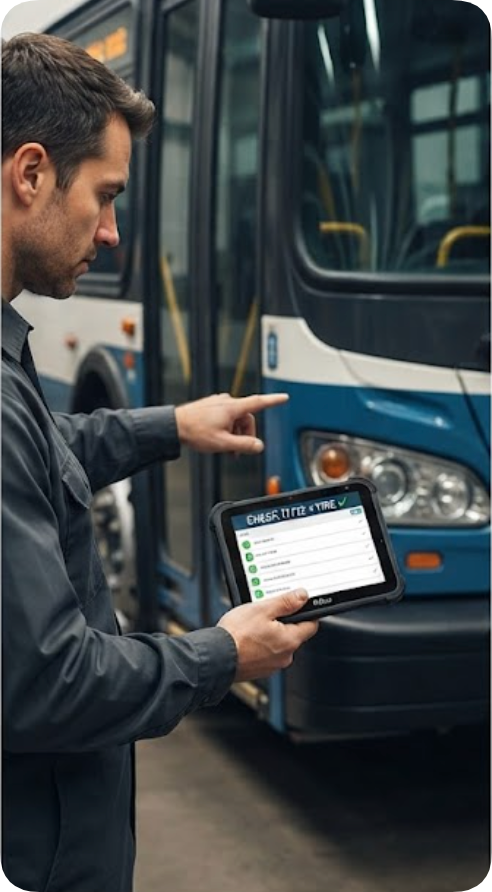 SH6 handheld rugged tablet used for walk-around tire inspection along a city bus SH6 handheld rugged tablet used for walk-around tire inspection along a city bus