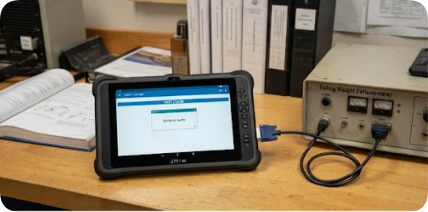 ST11-M rugged tablet connected to test instruments at a maintenance depot desk ST11-M rugged tablet connected to test instruments at a maintenance depot desk