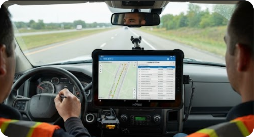 ST13-J rugged tablet on a vehicle mount inside a highway survey truck ST13-J rugged tablet on a vehicle mount inside a highway survey truck