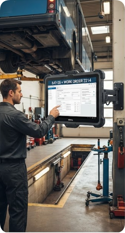 ST13-U rugged tablet mounted at a bus depot service bay showing work order 2214 ST13-U rugged tablet mounted at a bus depot service bay showing work order 2214