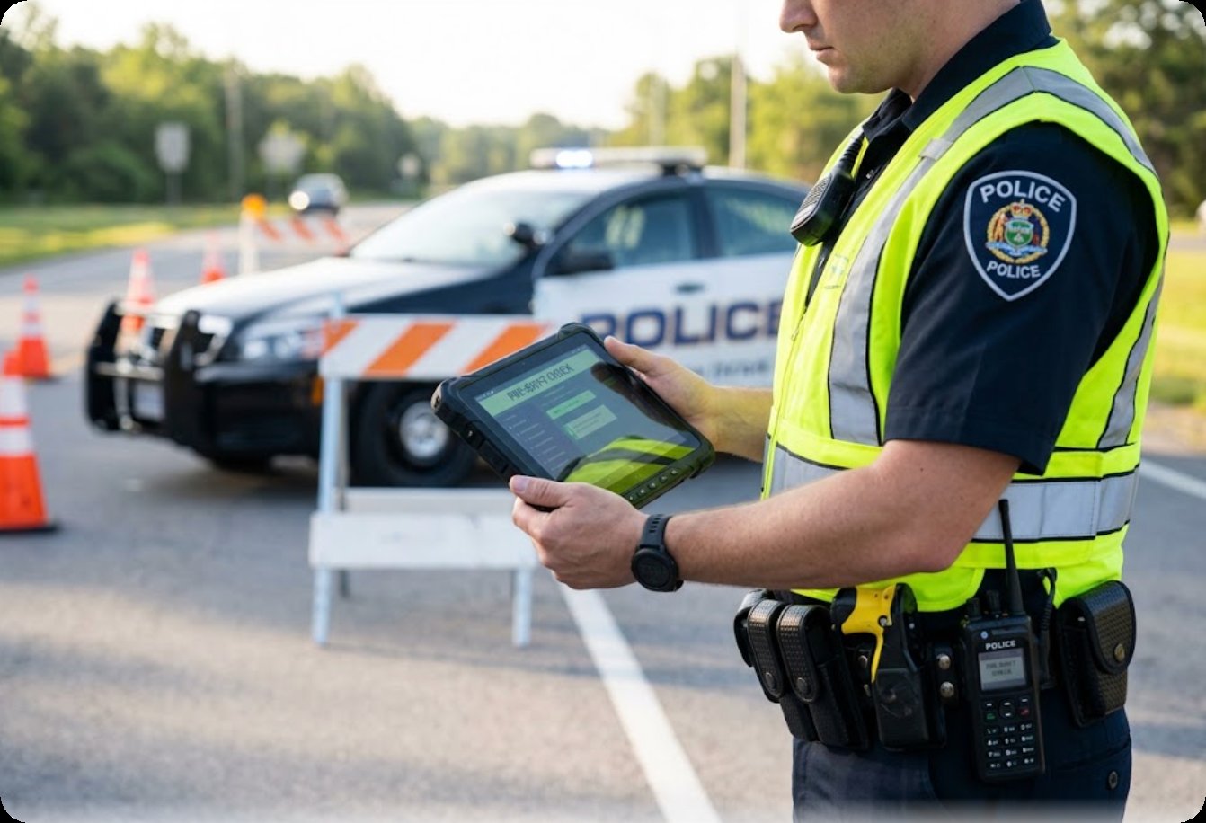 Officer running a pre-shift boot check on the HTNJ10C at a roadside checkpoint