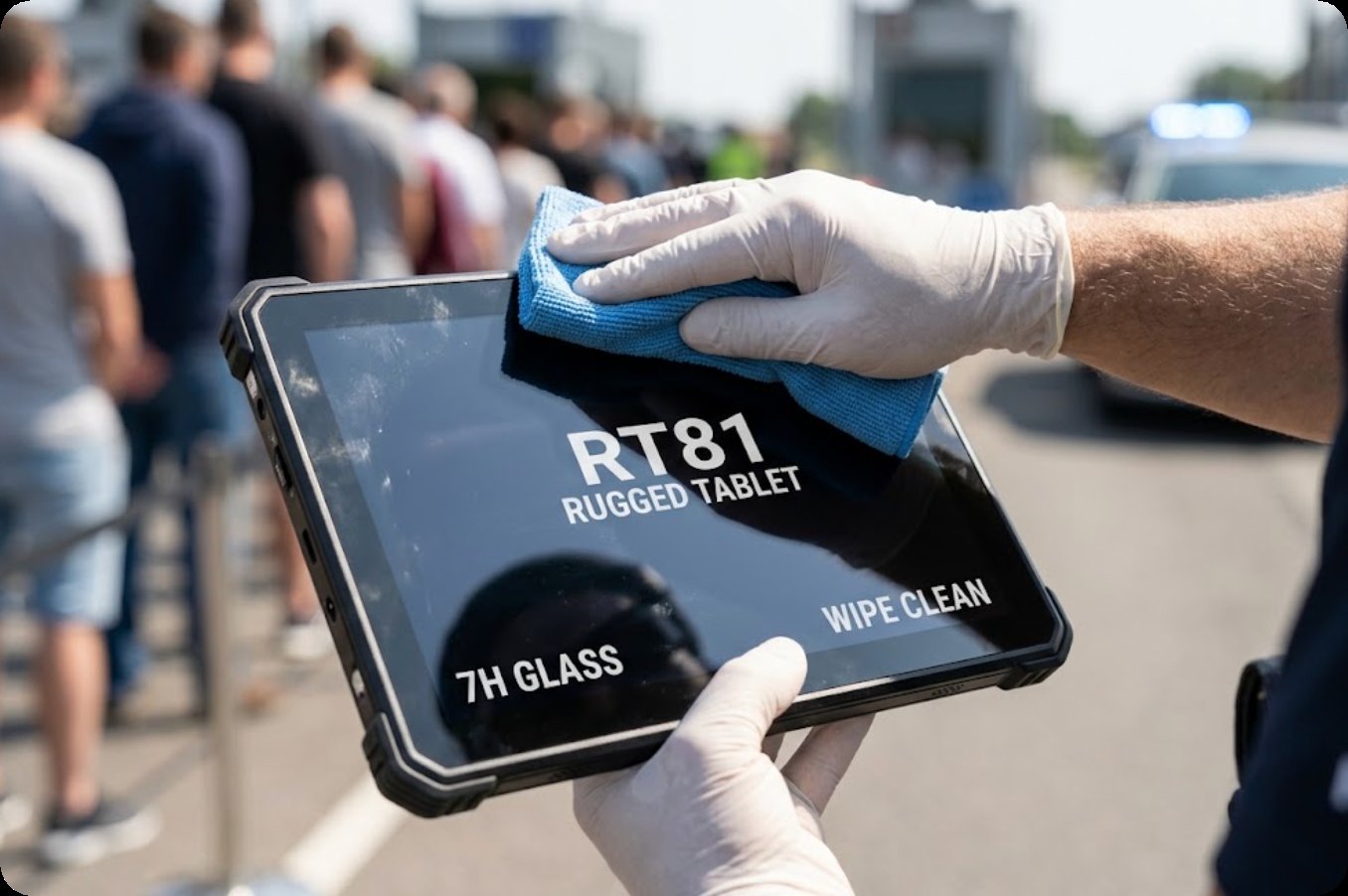 Gloved hand wiping the 7H glass screen of an RT81 between identity checks