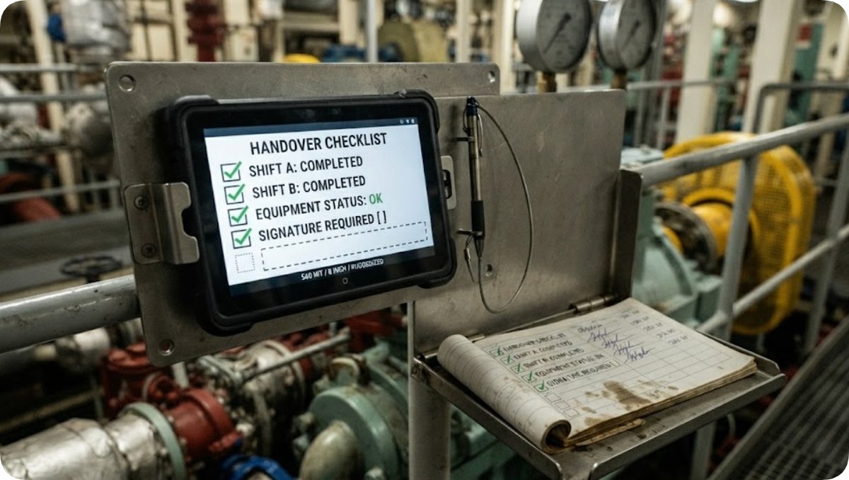 A handover checklist waiting on the second signature HTNJ08A Rugged Tablet mounted at an engine-room handover point showing a shift checklist awaiting a signature