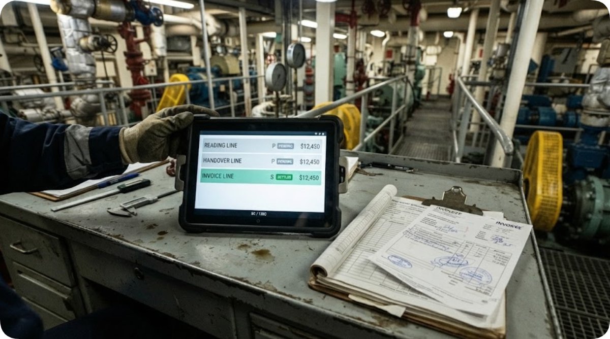 Three rows on one sheet where only the third is settled HTQ10A Android Rugged Tablet showing reading, handover and invoice rows where only the invoice row is settled