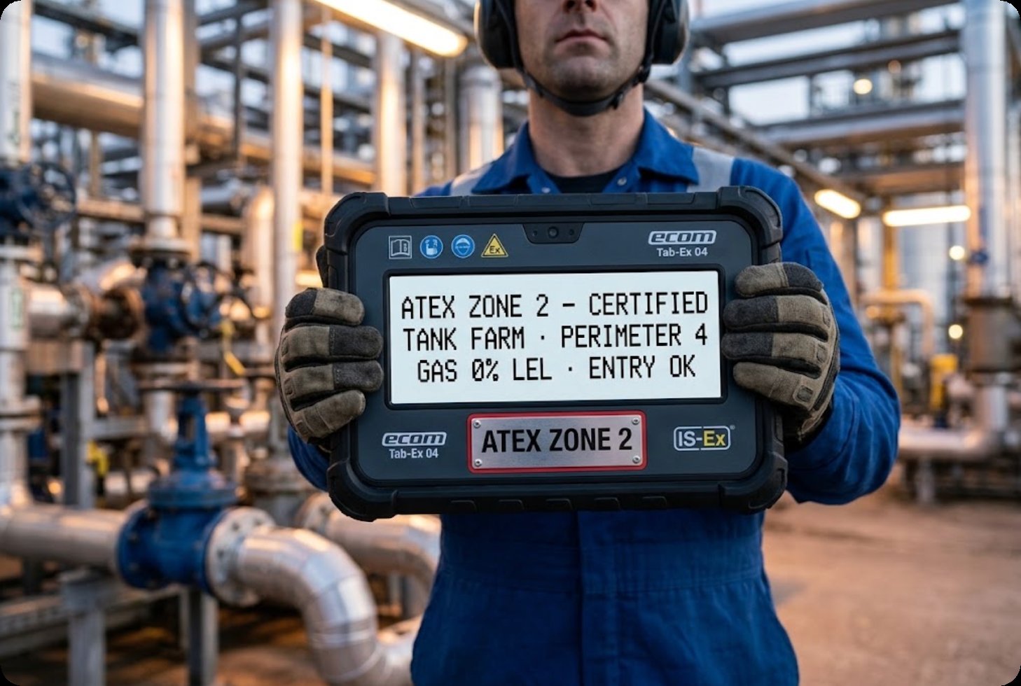 Ecom Tab-Ex 04 ATEX Zone 2 certified tablet Ecom Tab-Ex 04 explosion-proof tablet showing ATEX Zone 2 certification inside a chemical plant