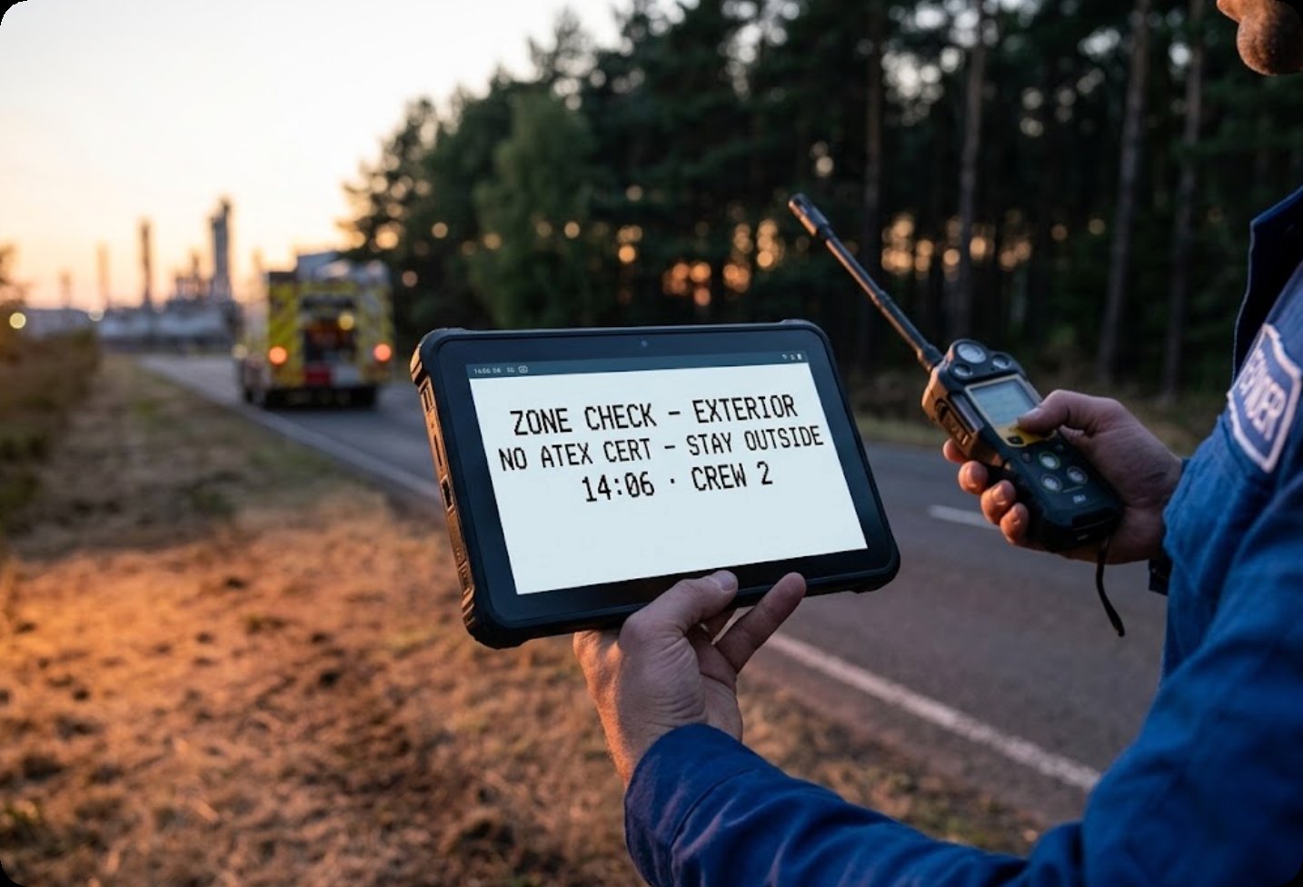 HTYJ08A one-handed exterior zone check HTYJ08A Rugged Tablet held one-handed beside a gas detector at a roadside rescue scene