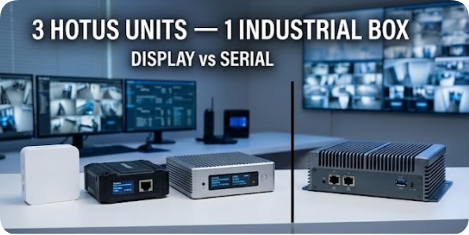 Hotus mini PC lineup against an industrial fanless box hotus command_control_room vs aaeon 1