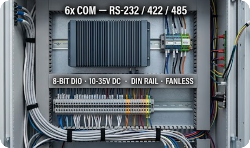 DIN rail mounted industrial box terminating serial and alarm wiring hotus command_control_room vs aaeon 3