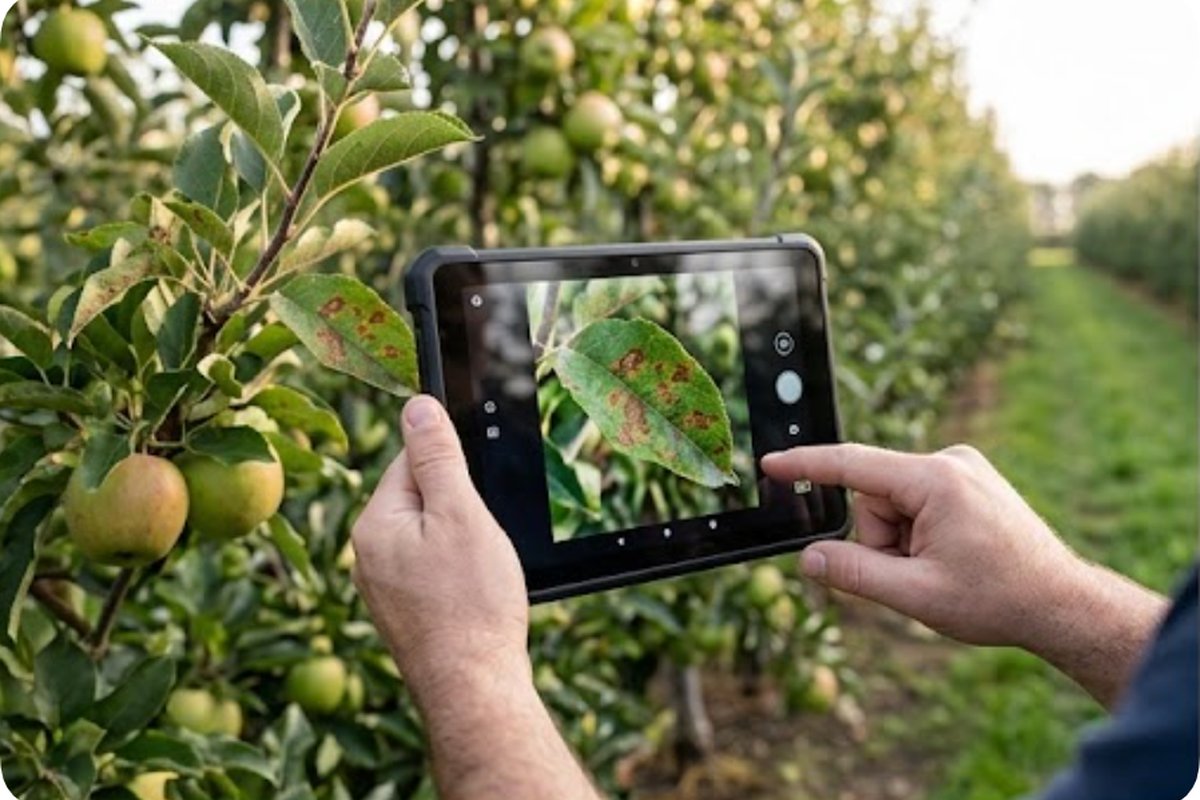 Scout photographing a diseased apple leaf with a rugged tablet in an orchard row Scout photographing a diseased apple leaf with a rugged tablet in an orchard row