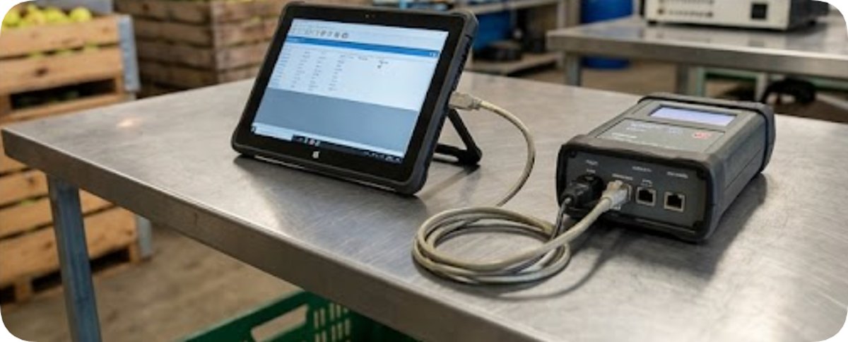 Rugged tablet connected by cable to a bench instrument on a packhouse table Rugged tablet connected by cable to a bench instrument on a packhouse table