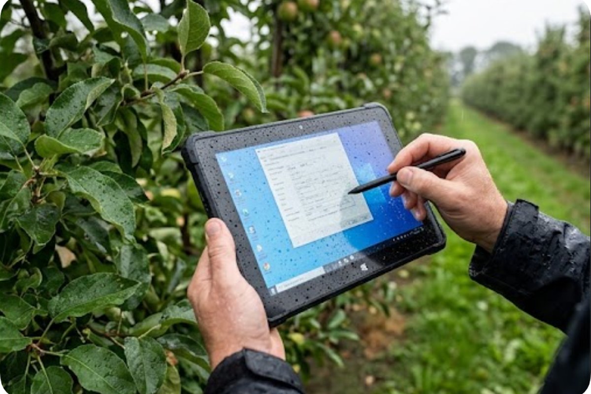 Wet hands using a stylus on a water-spattered rugged tablet in the rain Wet hands using a stylus on a water-spattered rugged tablet in the rain