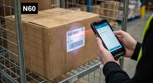 HTNJ08C rugged tablet on a warehouse pallet with MIL-STD-810G 1.22m drop label