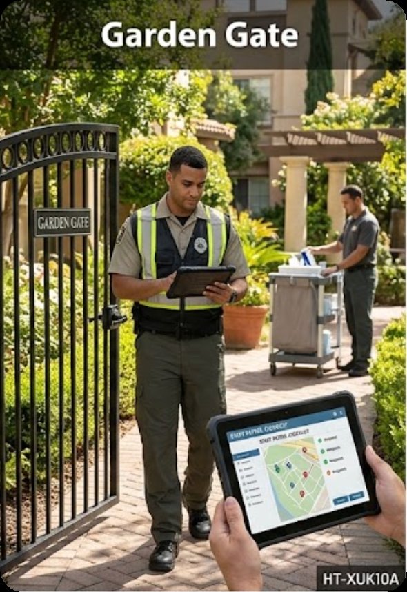Staff member checking the grounds roster at a garden gate on the 10.1-inch HTXUK10A-55 rugged tablet