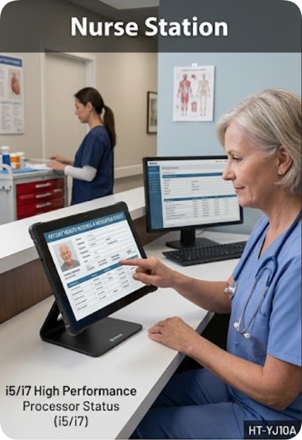 Nurse reviewing a resident health record on the HTYJ10A at the clinic desk