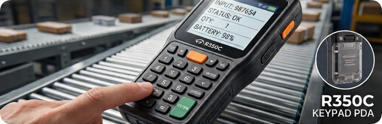 Sorter keying a number range on the R350C keypad PDA above a conveyor showing status ok