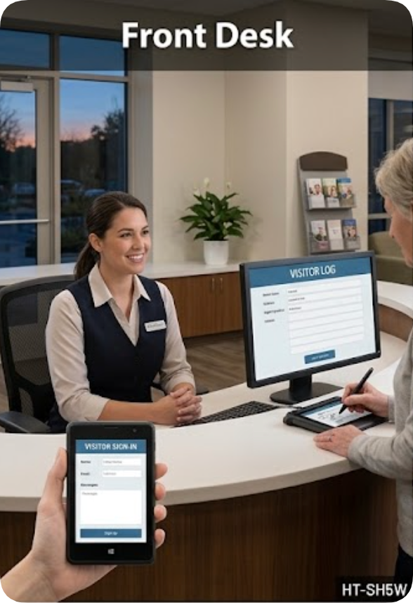 Receptionist at a care home front desk signing in a visitor with the SH5-W handheld showing a visitor log form