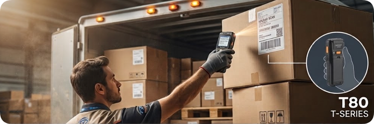 Worker scanning cartons beside a truck with the compact T80 PDA raised at arm length