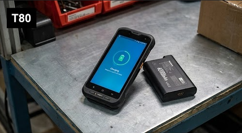 T80 handheld PDA charging on a workbench next to its removable 4200mAh battery