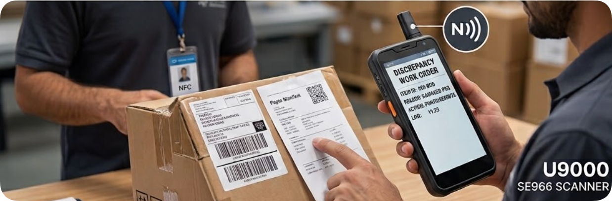 U9000 displaying a discrepancy work order with NFC check at the sorting desk