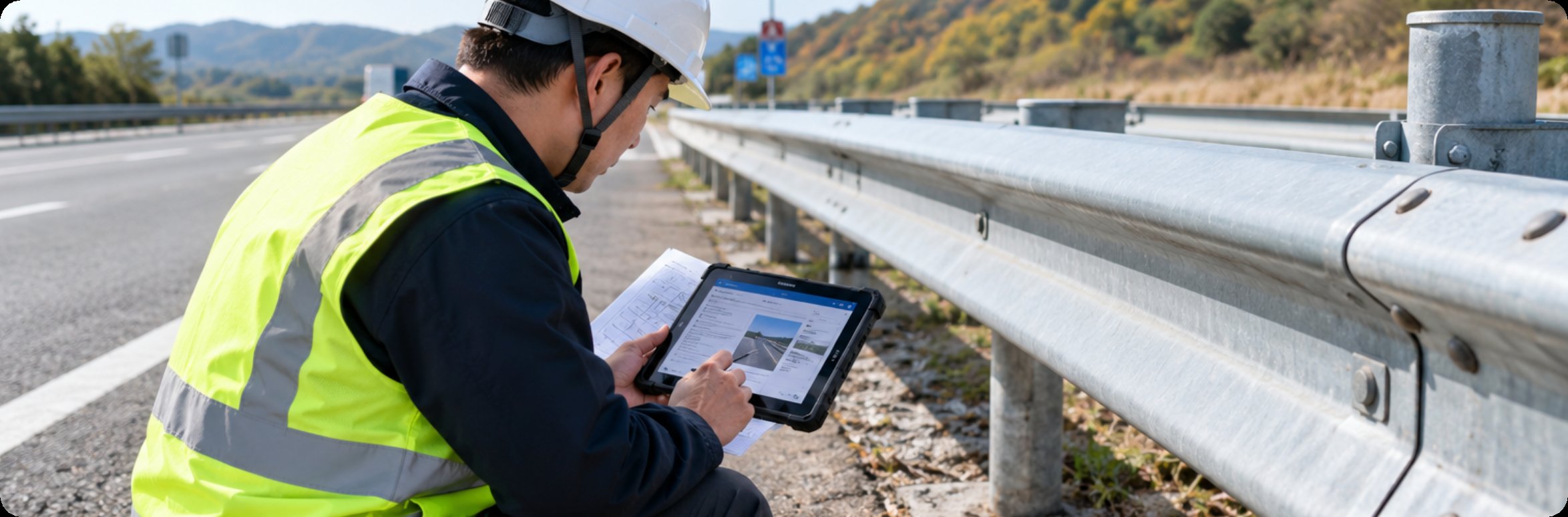 A crew member in a high-visibility vest checking survey drawings on a rugged tablet beside a highway guardrail A crew member in a high-visibility vest checking survey drawings on a rugged tablet beside a highway guardrail