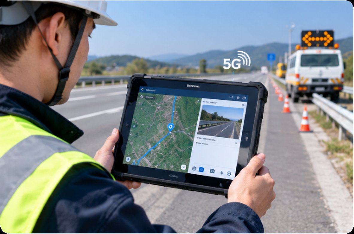 The RT80 rugged tablet showing a pinned map location and a road photo over a 5G link at the roadside The RT80 rugged tablet showing a pinned map location and a road photo over a 5G link at the roadside
