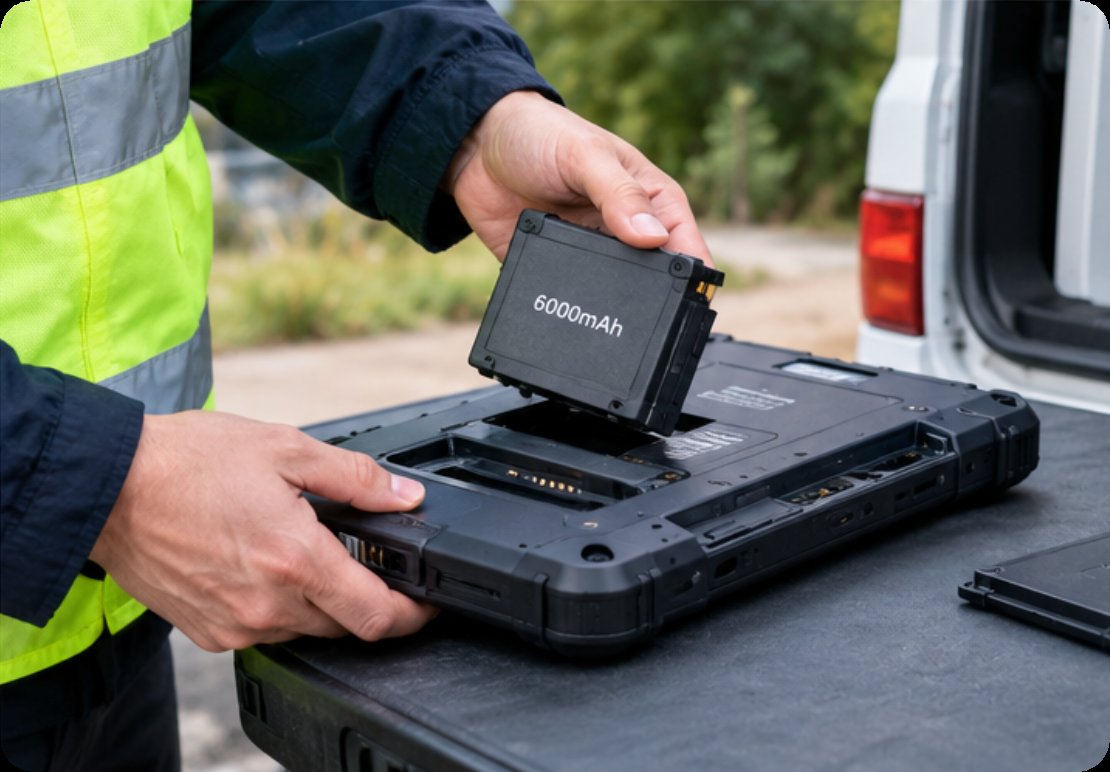A 6000mAh removable battery pack being seated into a rugged tablet during a swap at the vehicle A 6000mAh removable battery pack being seated into a rugged tablet during a swap at the vehicle