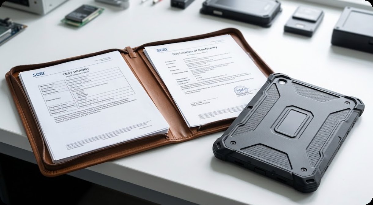 An open leather compliance folder holding test reports and a declaration of conformity beside a rugged tablet on a workbench An open leather compliance folder holding test reports and a declaration of conformity beside a rugged tablet on a workbench