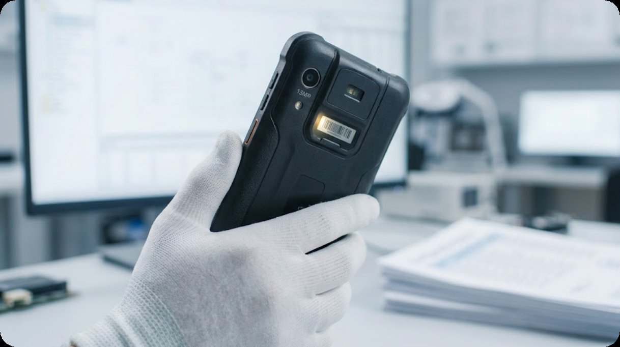 A gloved hand holding a compact 6-inch rugged handheld with its rear scanner module illuminated A gloved hand holding a compact 6-inch rugged handheld with its rear scanner module illuminated