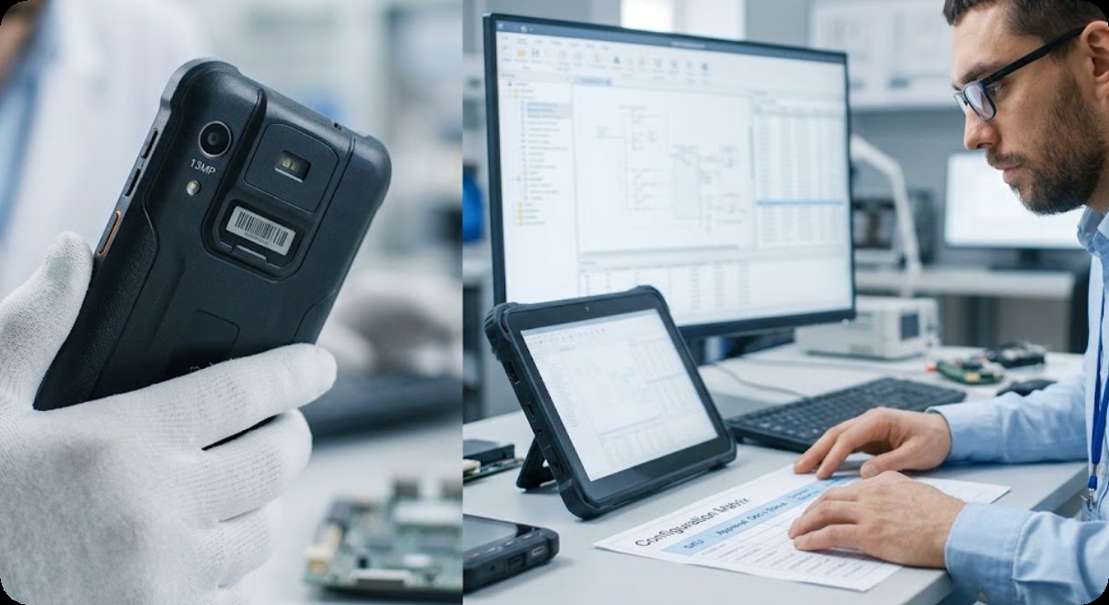 An engineer reviewing a configuration matrix of tablet builds against approval documents at a lab desk An engineer reviewing a configuration matrix of tablet builds against approval documents at a lab desk