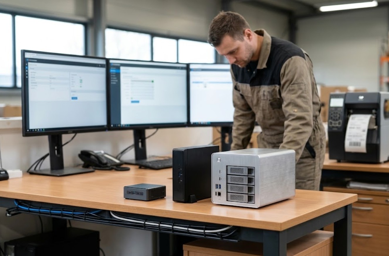 A technician carries a palm-sized mini PC to an adjacent desk to reproduce a fault during a swap test A technician carries a palm-sized mini PC to an adjacent desk to reproduce a fault during a swap test
