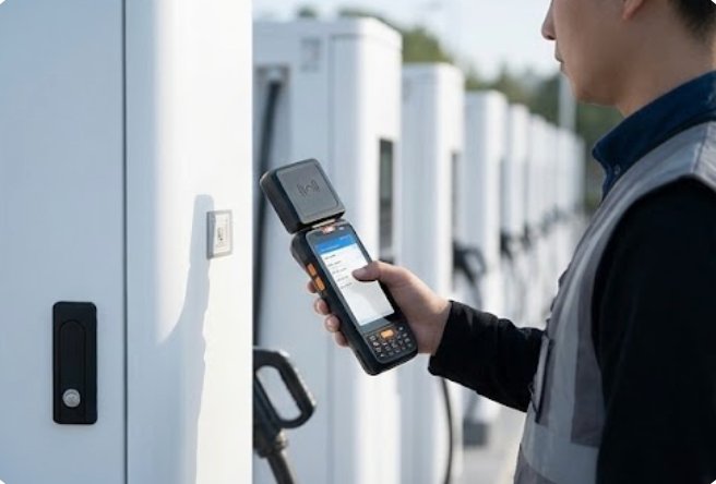 A handheld UHF reader scanning an asset label on the side of a charging pile