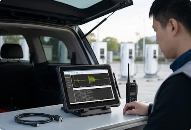 A 10.1-inch rugged tablet on a stand showing a diagnostic waveform in a van cargo bay