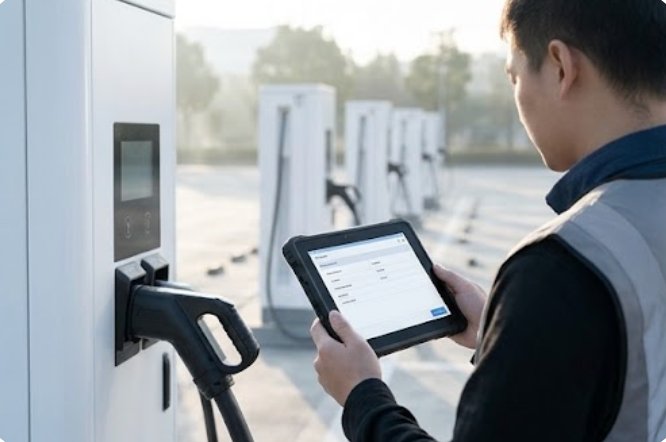 A technician holding an 8-inch rugged tablet beside a DC charger at dawn