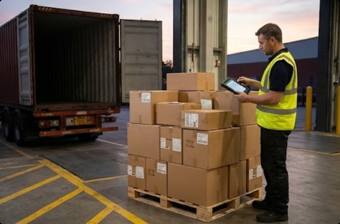A team lead reconciles an outbound pallet against a manifest using an industrial PDA at the loading dock A team lead reconciles an outbound pallet against a manifest using an industrial PDA at the loading dock