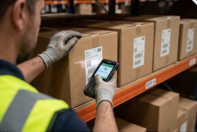 A gloved warehouse picker scans a carton label on racking with a rugged handheld during an outbound wave A gloved warehouse picker scans a carton label on racking with a rugged handheld during an outbound wave