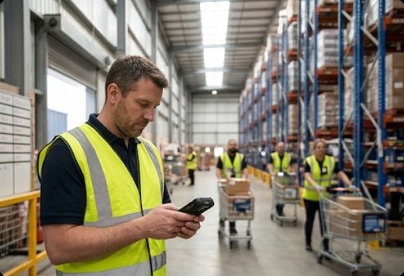 A warehouse team lead releases an outbound picking wave on a handheld while pickers move through racking in the background A warehouse team lead releases an outbound picking wave on a handheld while pickers move through racking in the background